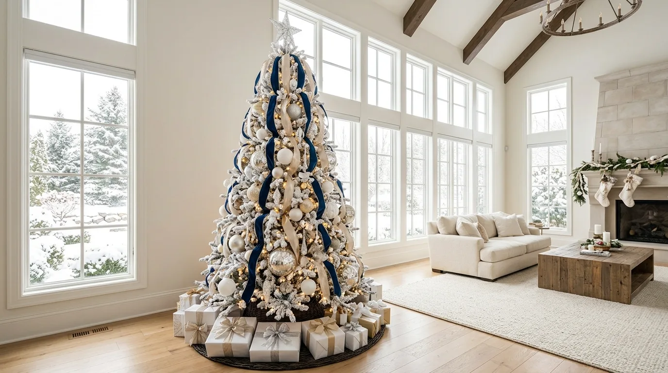Large white Christmas tree in a spacious room with oversized ornaments.